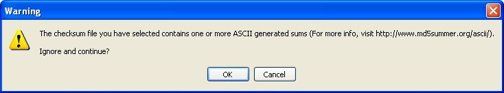 Error dialogue stating ""The checksum file you have selected contains one or more ASCII generated sums "