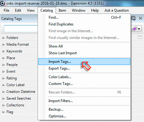 You will find the Import Tags option under the Catalog Menu