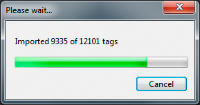 The progress bar showing 9335 of 12101 tags imported