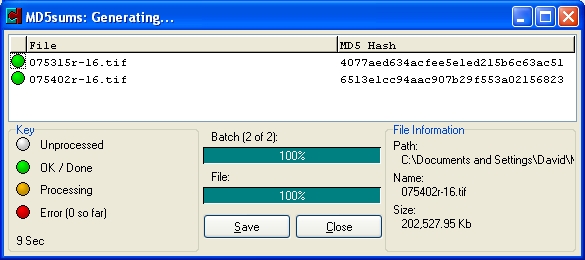 MD5summer dialogue showing two verified files.